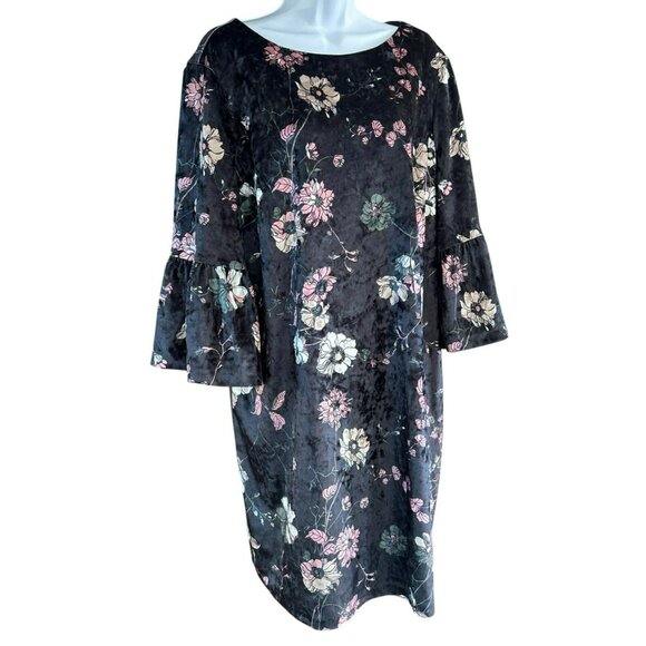 Chicos Womens Black Floral Whimsigoth Velvet Shift Dress Size 3 Bell Sleeve Boho - Picture 2 of 6